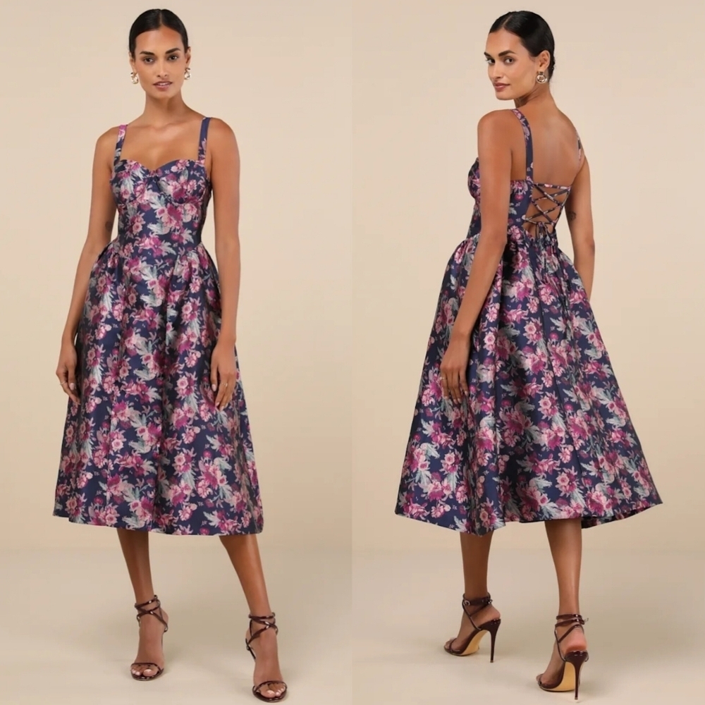Lulus Attractive Essence Navy Floral Jacquard Midi Dress With Pockets XL Wedding
